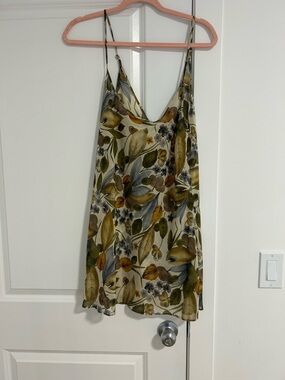 Y2K cottage core Floral Leaf Print Slip Dress Cami - Green & Cream